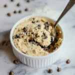 Cookie dough yogurt cake in bowl with chocolate chips