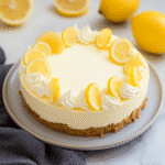 no-bake lemon cheesecake on a cake stand