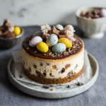 Vegan Mini Egg Cheesecake on rustic table with Easter decor