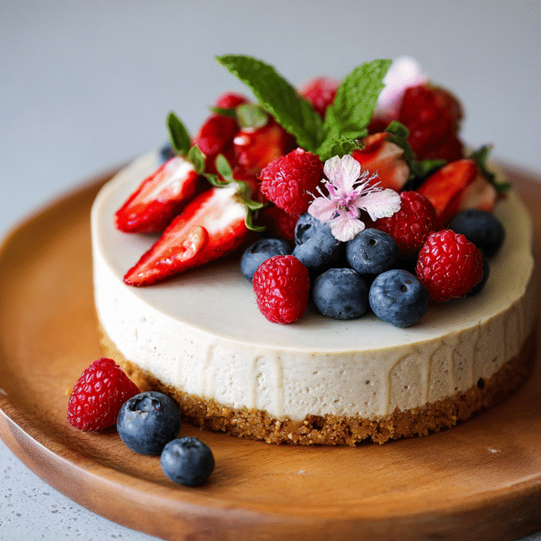 Vegetarian no bake cheesecake with fresh berries on a plate